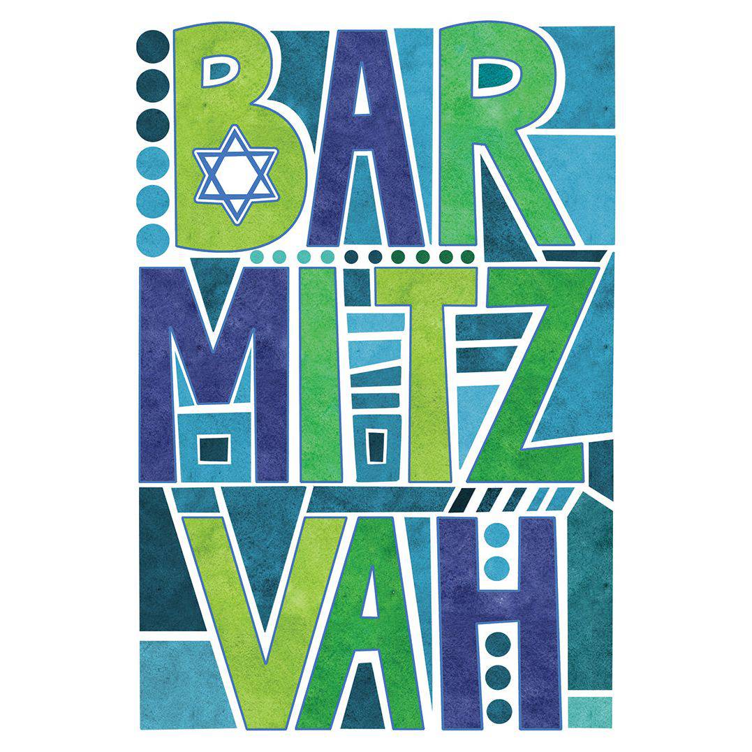 Pictura Bar Mitzvah card featuring colorful block letters and celebratory design for special occasion.